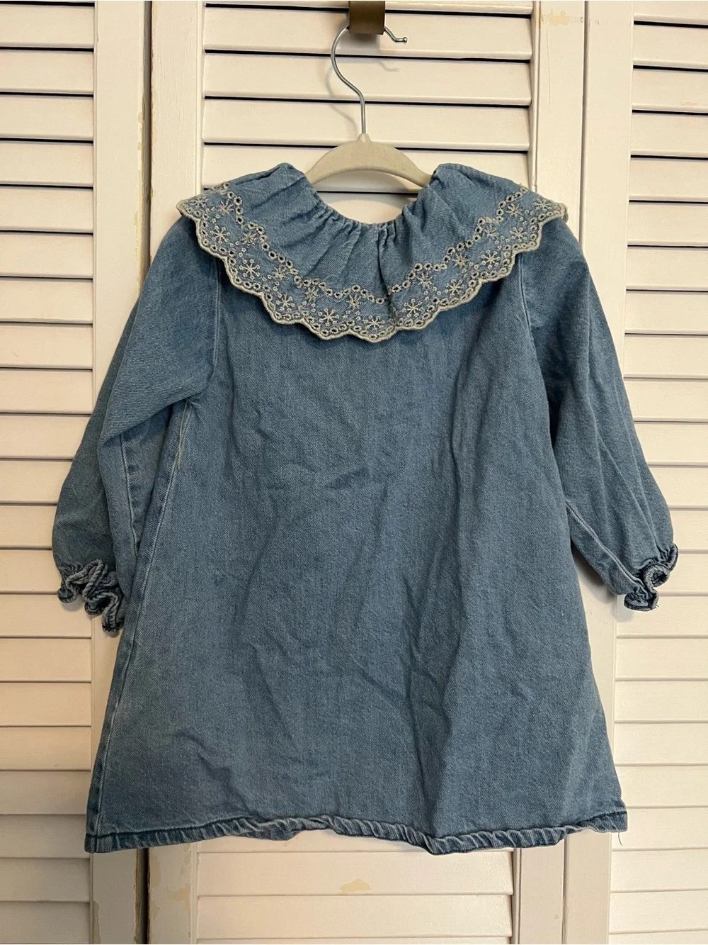 Zara Light Blue Denim Dress Jacket with Eyelet Lace Collar